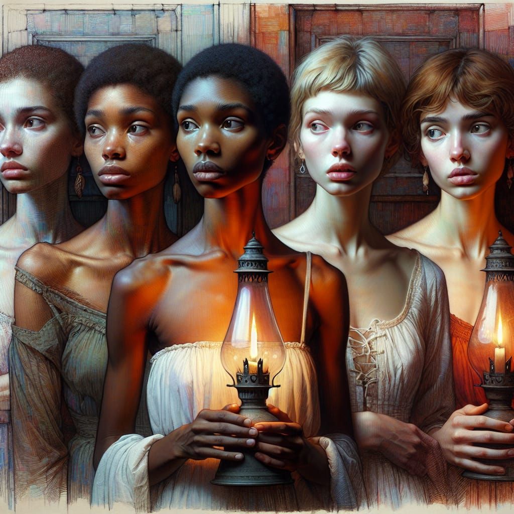 Melancholy Brides with Oil Lamps in Art Nouveau Style