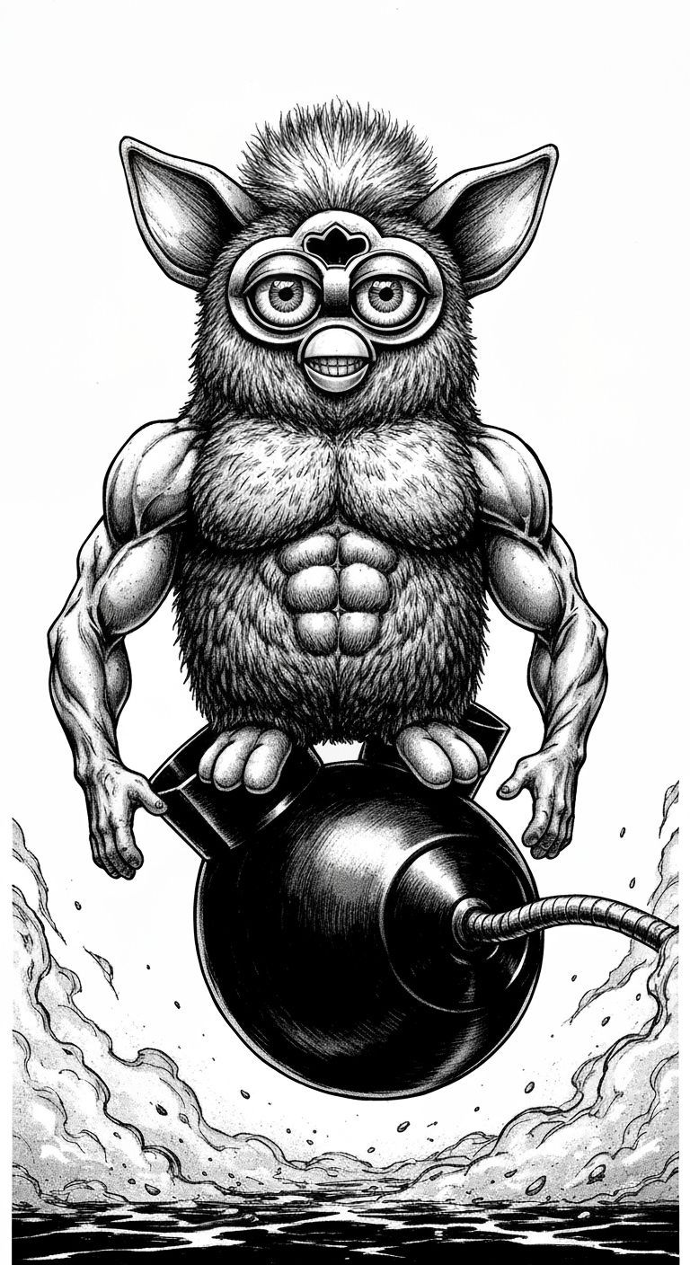 Muscular Furby Riding Bomb in Manga Ink Style