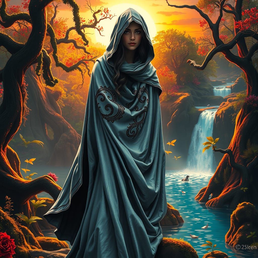 Ethereal Fantasy Woman Amidst Ancient Forest and Waterfall