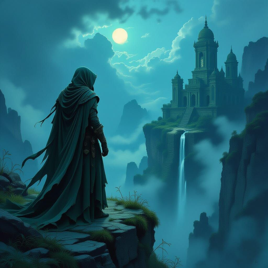 Solitary Drow Elf on Windswept Cliff in Fantasy Oil Painting