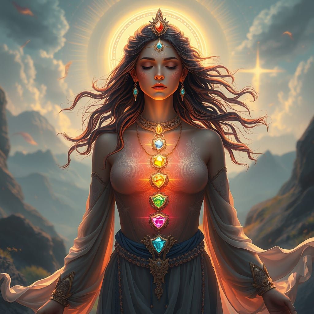 Ethereal Goddess Radiates Balanced Chakras in Vibrant, Swirl...