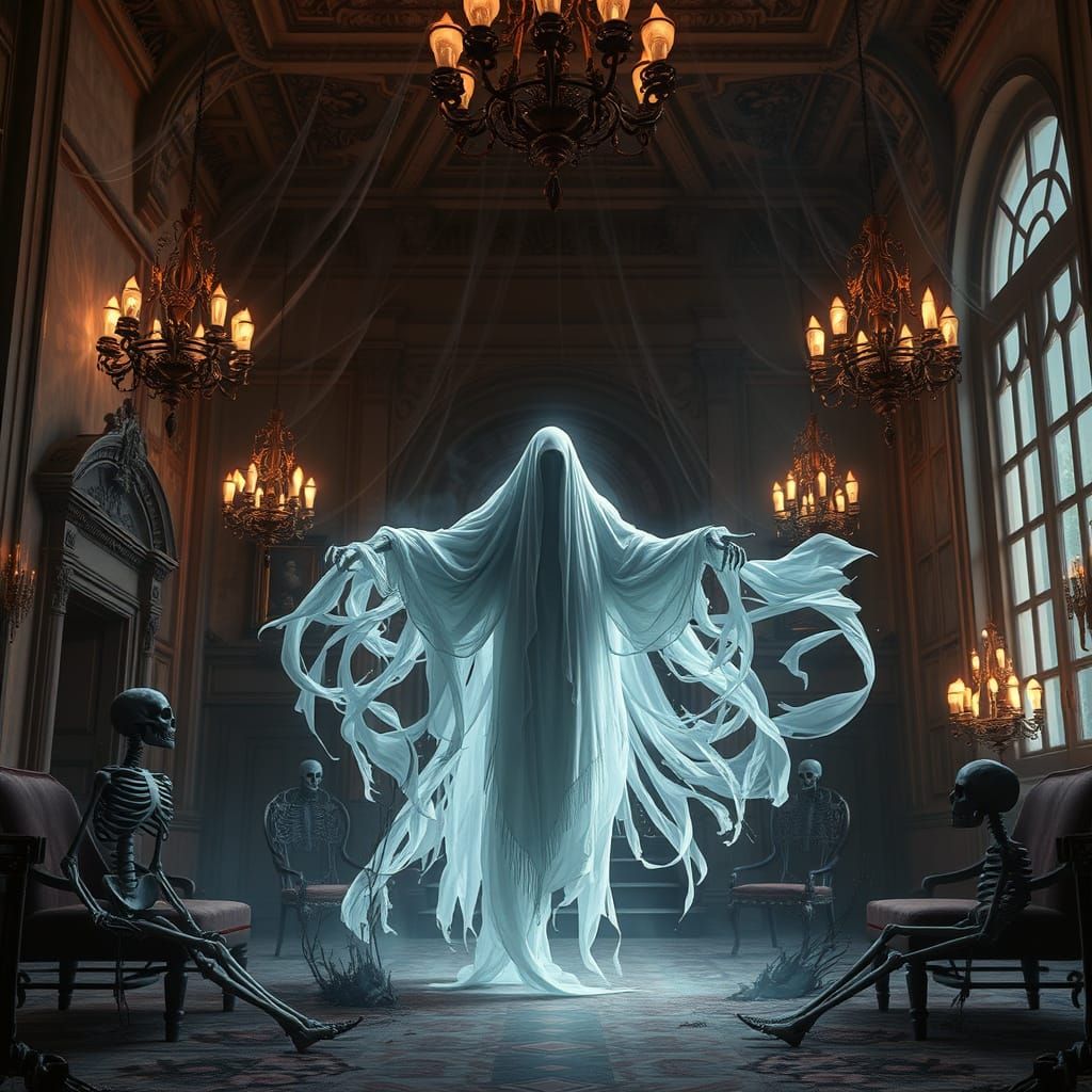 Ethereal Spirit Haunts Abandoned Manor in Dark Fantasy Style