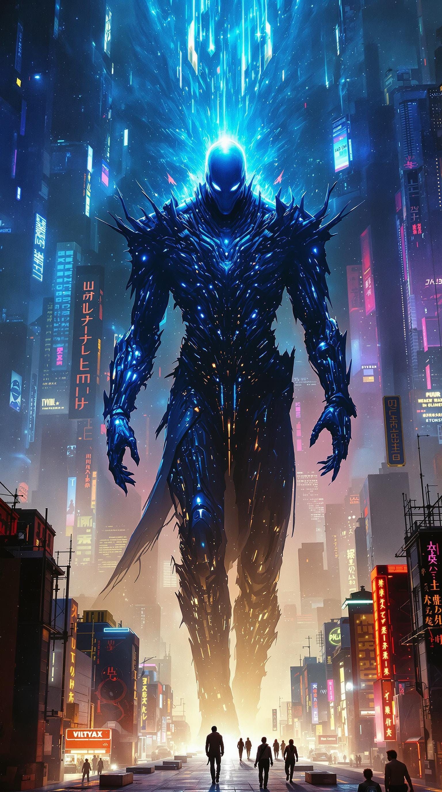 Cyberpunk Plasma Lord Towers Above Cityscape