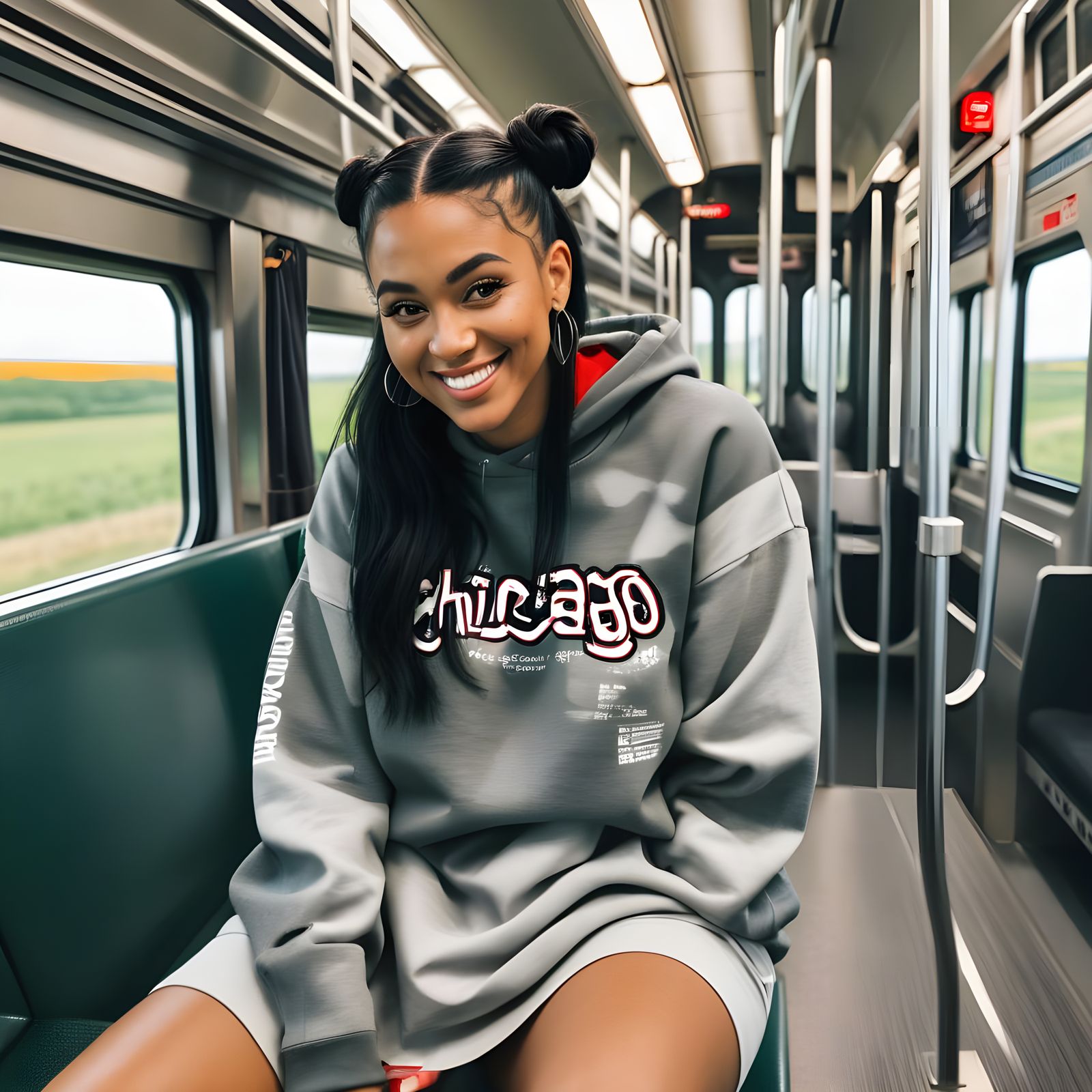 Smiling Woman on Train in Chicago Sweatshirt