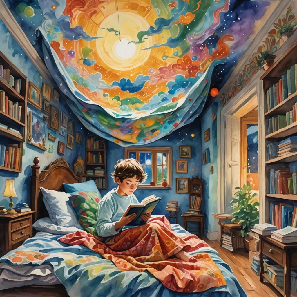 Child Reading Book: Gouache Impressionist Fantasy