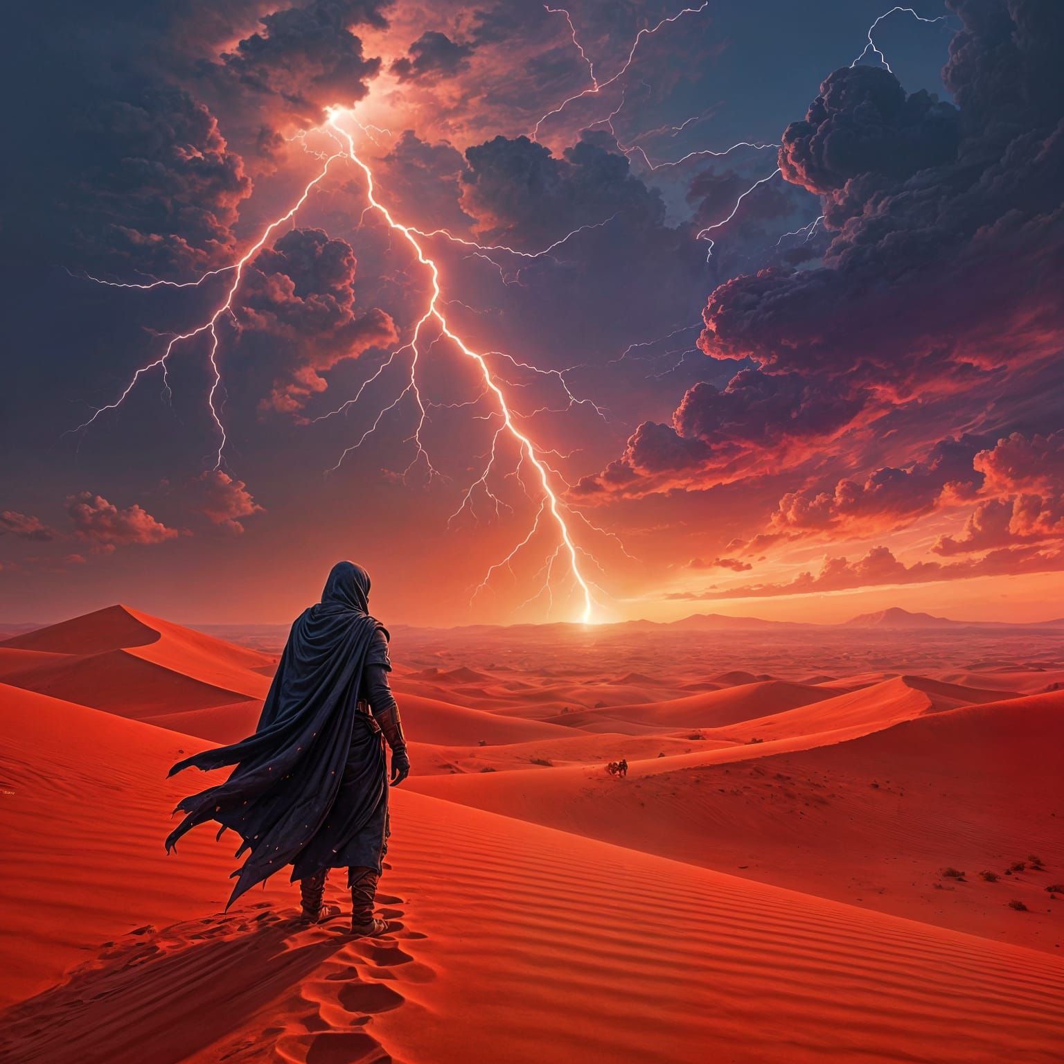 Red Desert Lightning Storm with Lone Wanderer