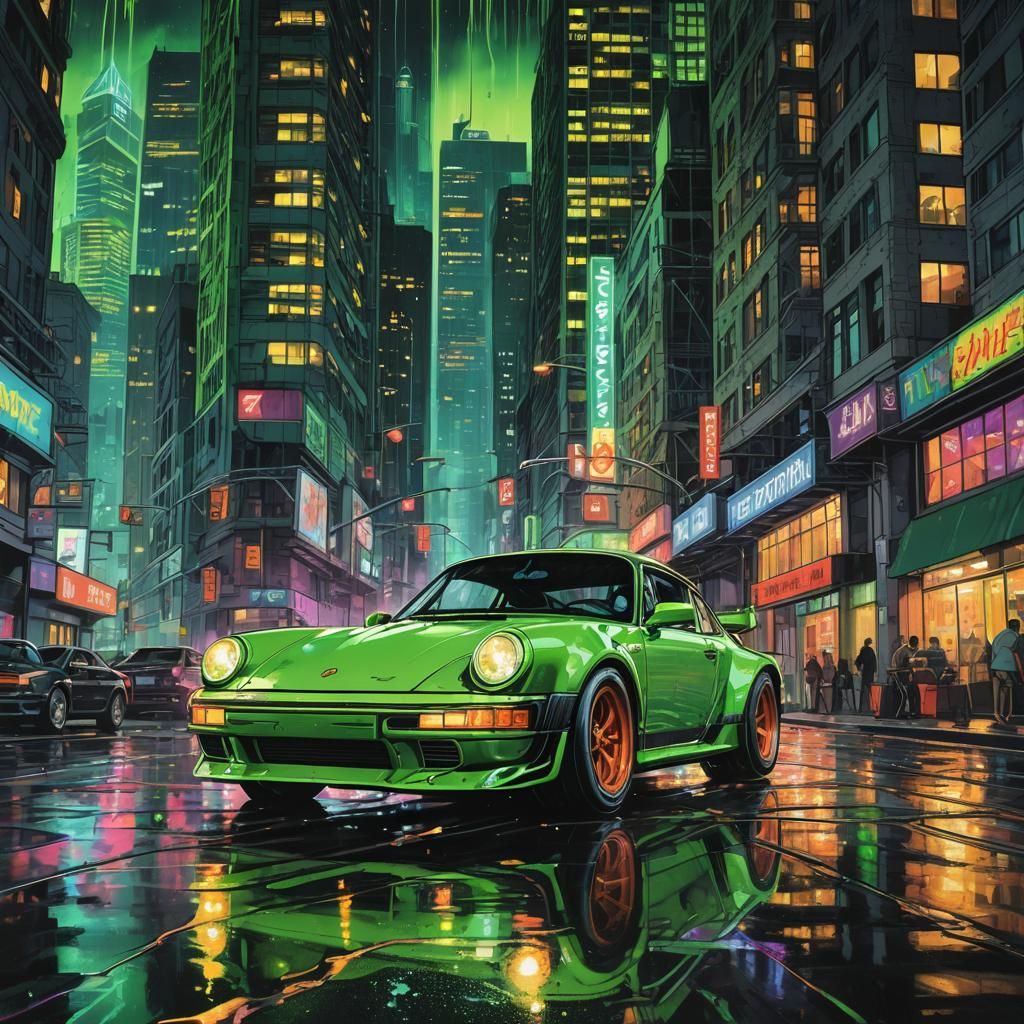 Lizard Green Porsche 911 RWB Drifting, Neon Comic Art