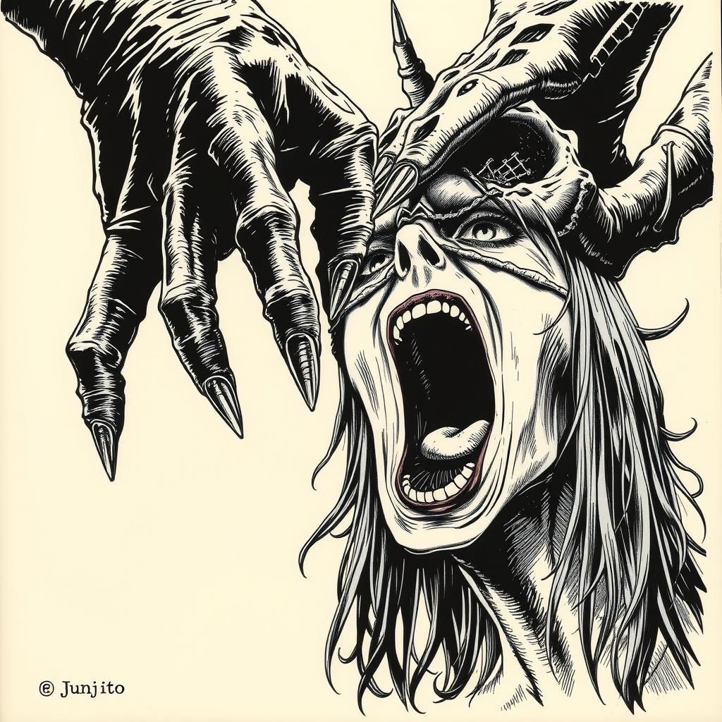 Demonic Hand Reaching for Yawning Woman: Grotesque Ink Drawi...