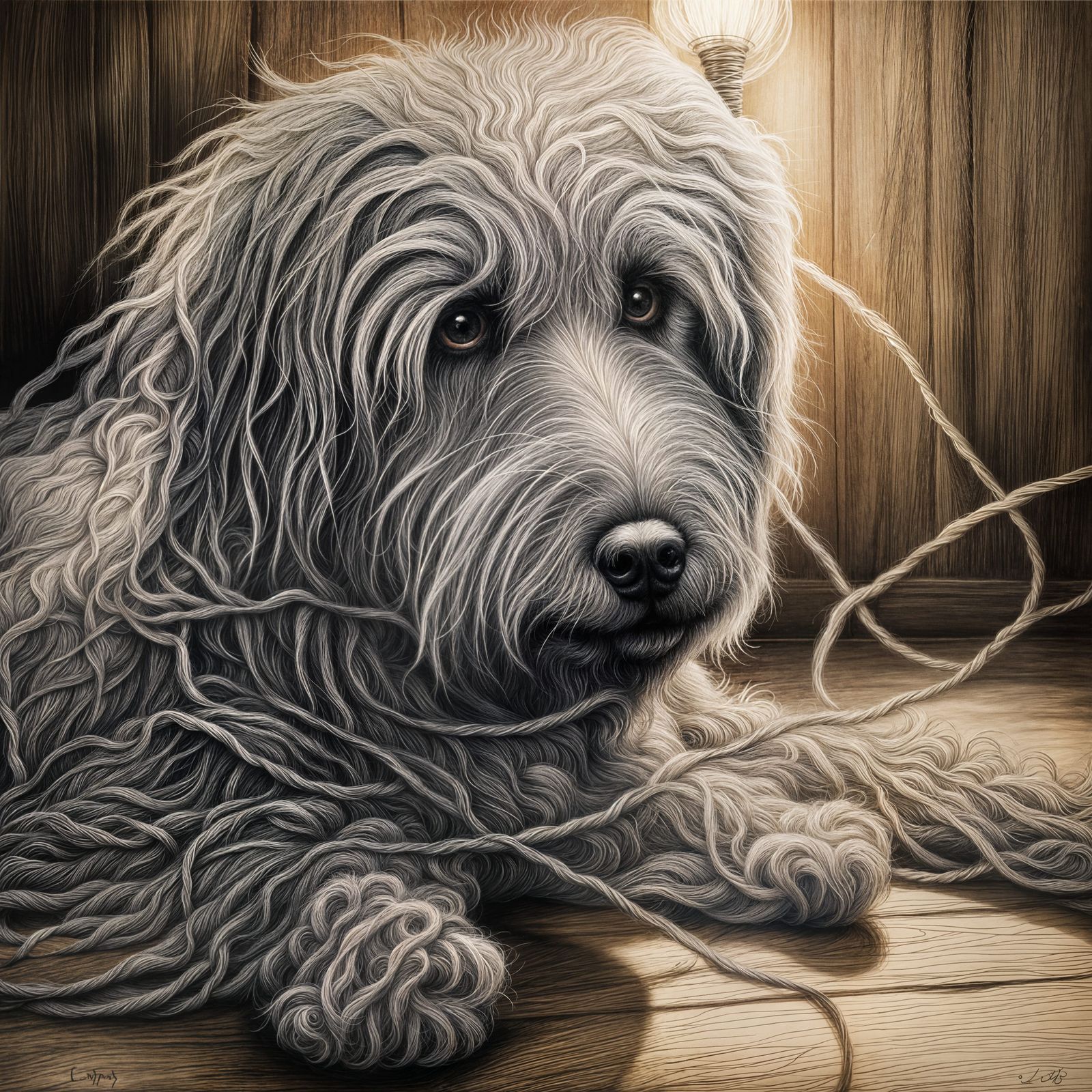 Hyperdetailed Charcoal Drawing of Shaggy String Dog