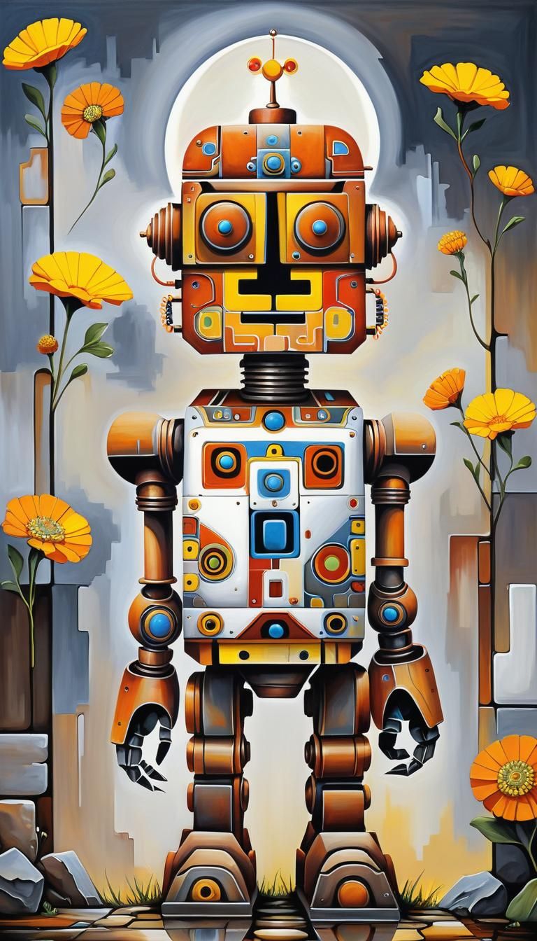 Aztec Robot with Marigolds in Oil Gouache Style