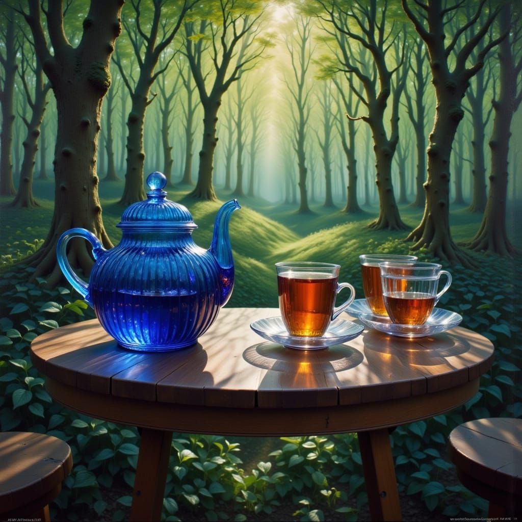 Cobalt Blue Teapot and Cups in Sunlit Grove Oil Painting