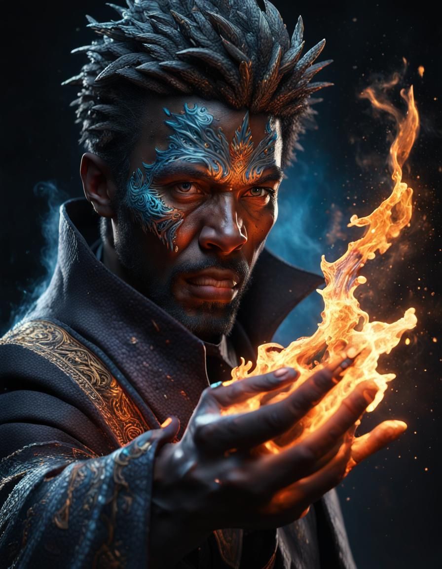 Black Magician with Fire and Ice, Hyperrealistic