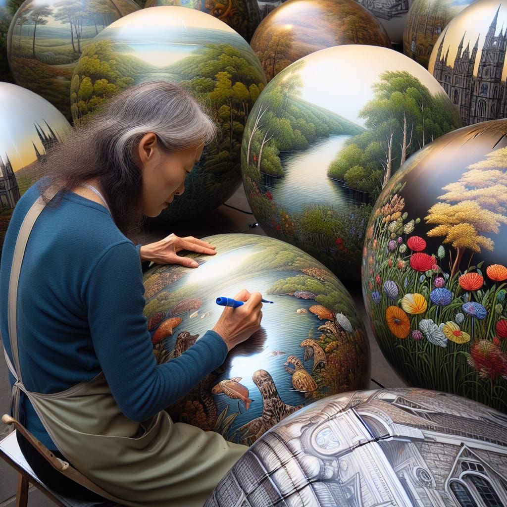 Woman Painting Nature Scenes on Mylar Balloons