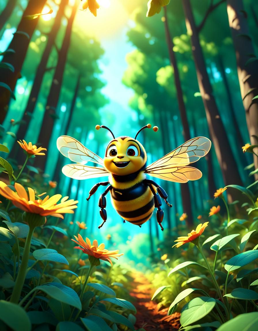 Cute Bee Flying in Forest: Pixar-style 3D Art