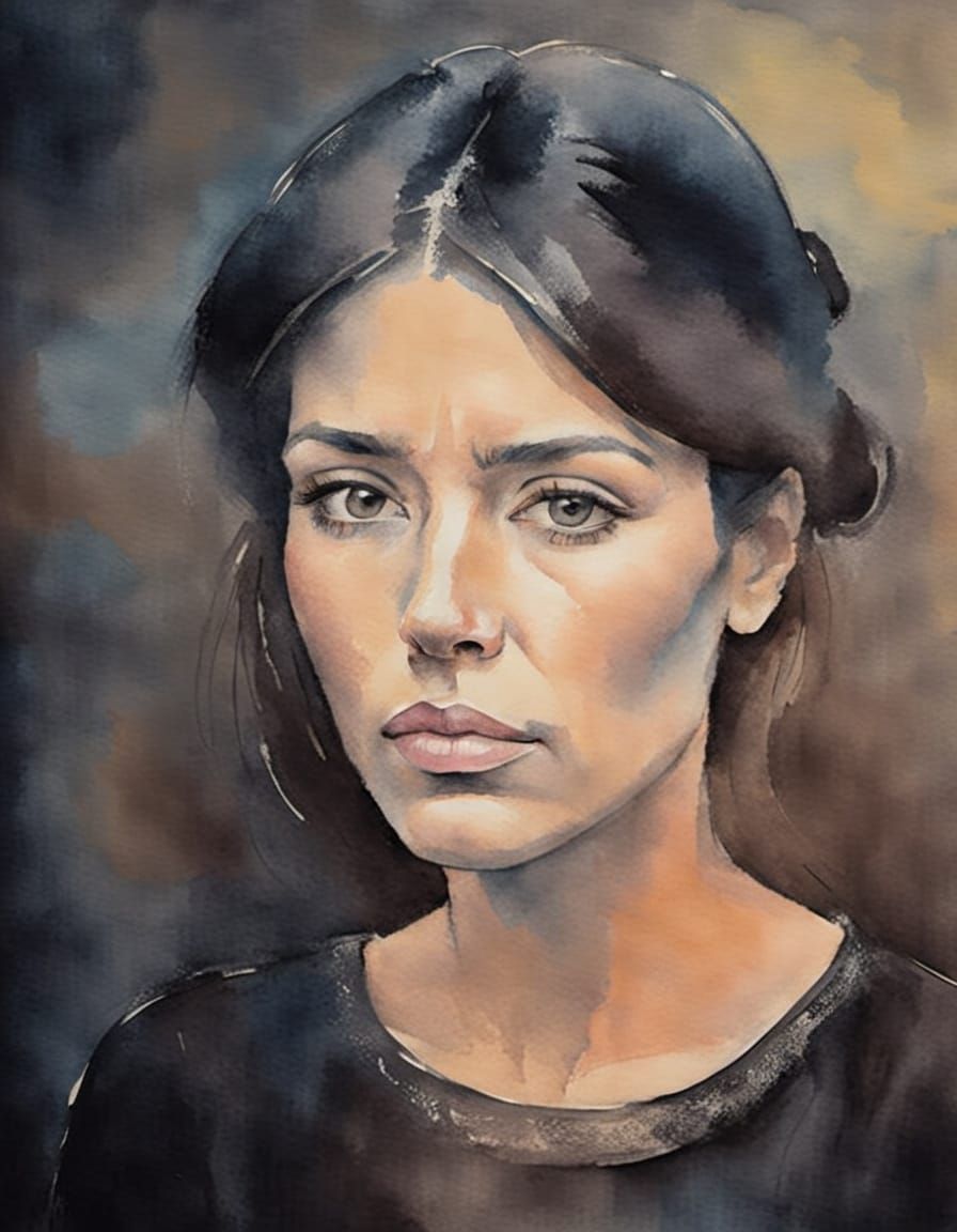 Tragic Female Figure in Early Picasso Style Watercolor