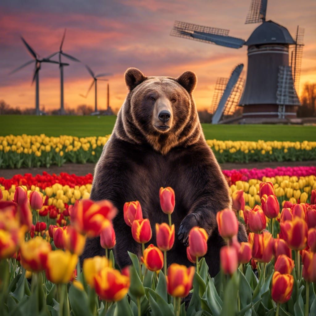 Obese Bear Watches Windmill at Sunset