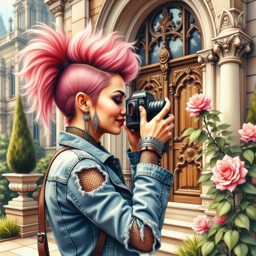 Punk Girl Snaps Rose Photo in Watercolor Grunge Style