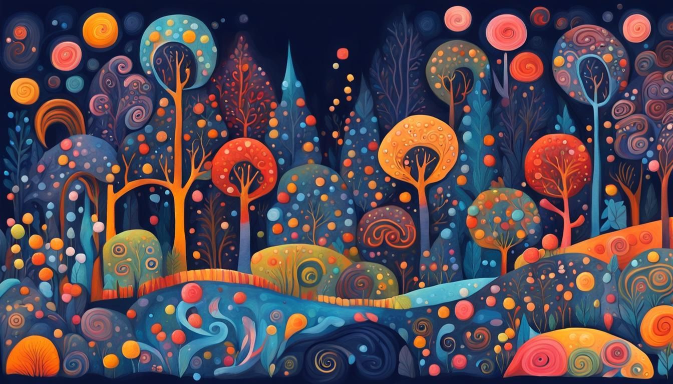 Colorful Naive Art Forest with Vibrant Gouache Swirls
