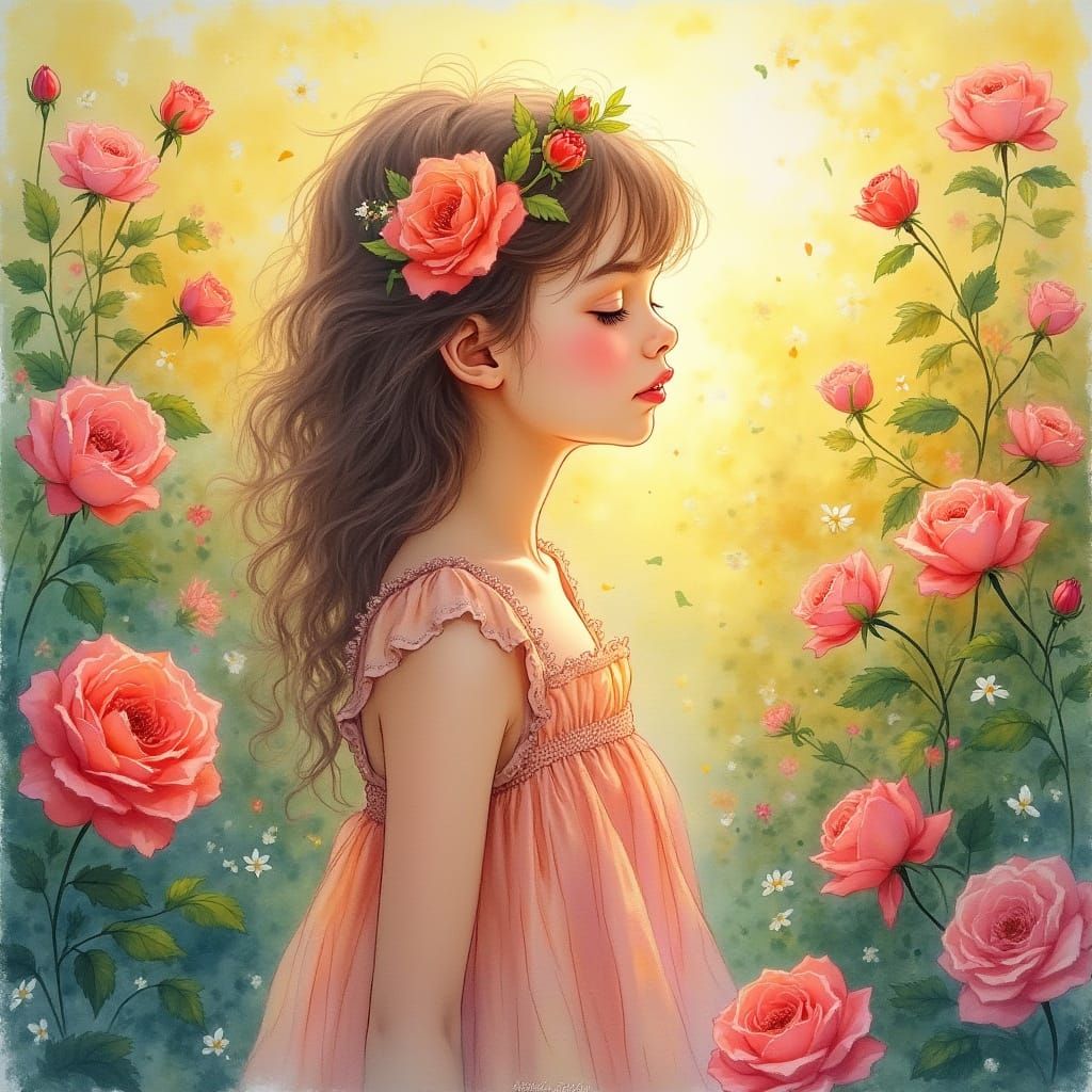 Young Girl in Luminous Rose Garden as Watercolor Manga