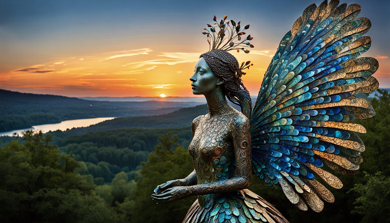 Surreal Winged Sculpture with Peacock Feathers