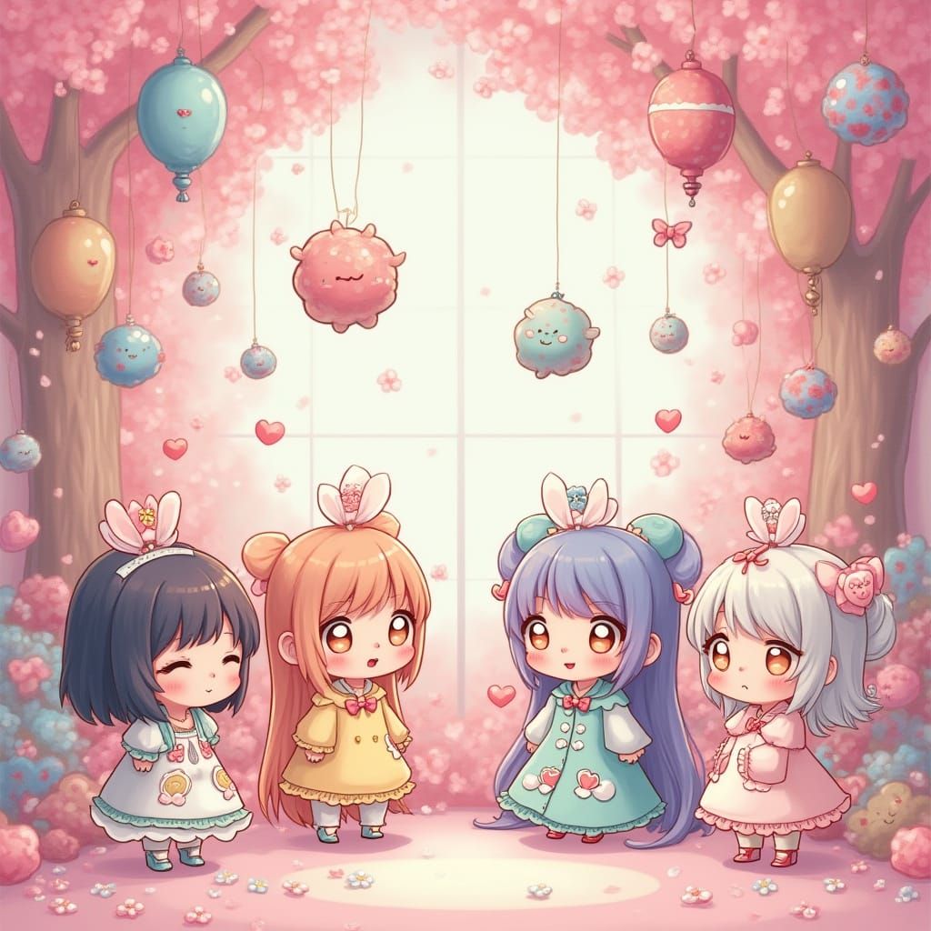 Pastel Kawaii Scene with Adorable Characters