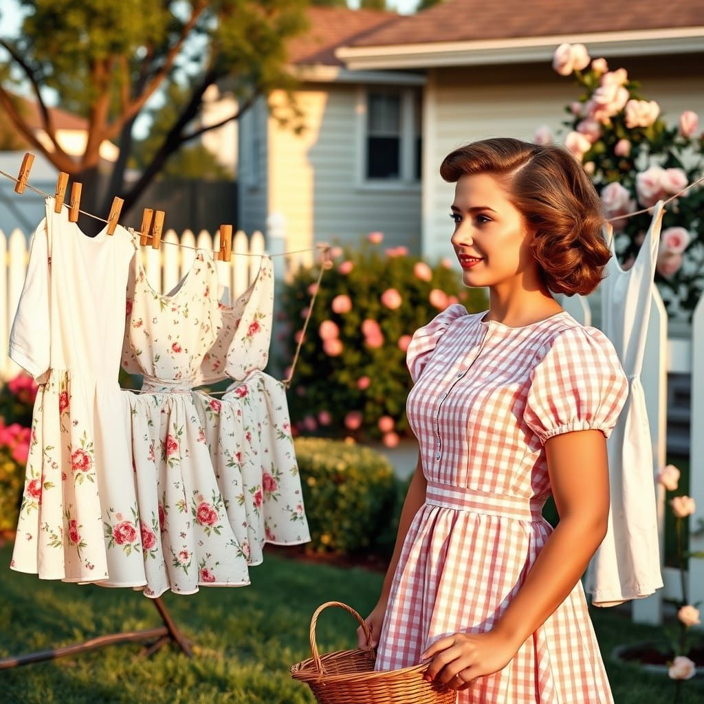 1950s Housewife Hanging Laundry in Americana Style