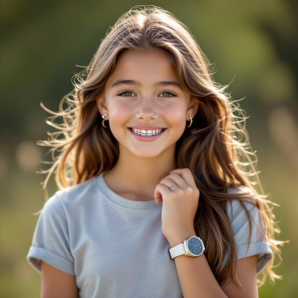 Young Girl with Braces and Earrings, Photorealistic Portrait
