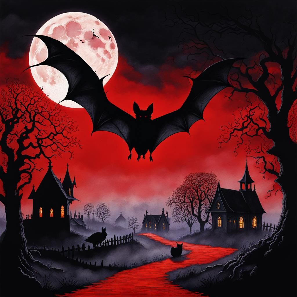 Lace-Winged Bat Silhouette: Gothic Ink Splash Art