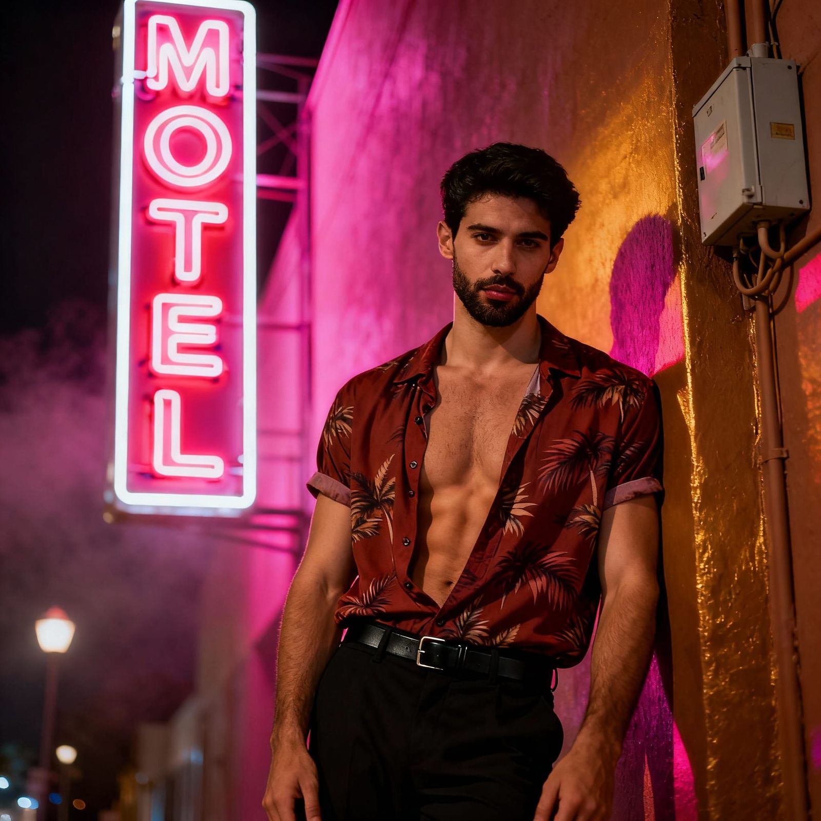 Man in Neon-Lit Retro Cityscape