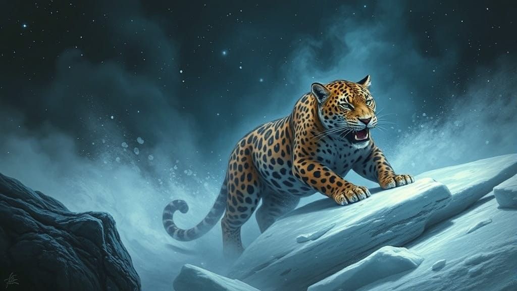 Surreal Epic of Jaguar in Obsidian Tundra Landscape