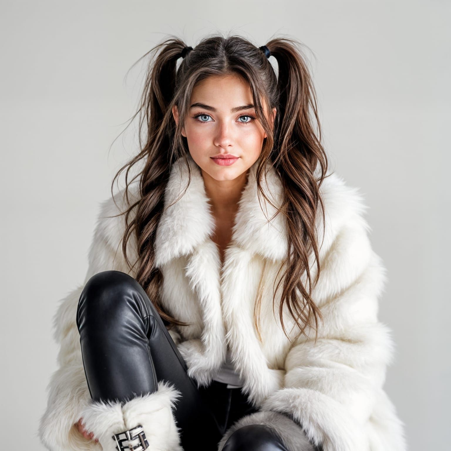 Brunette with Gray Eyes in Fur Outfit