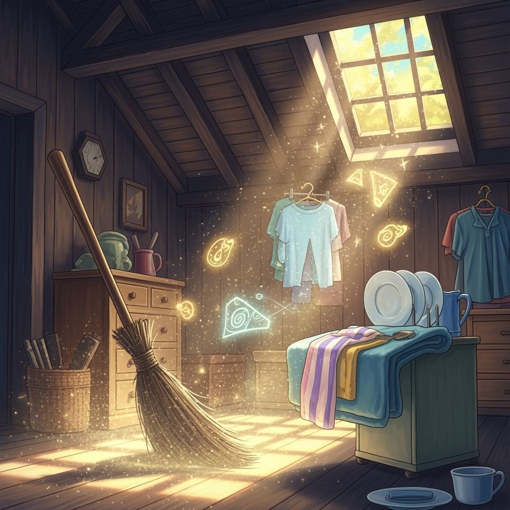 Enchanted Broom Cleans Dusty Attic in Whimsical Digital Pain...