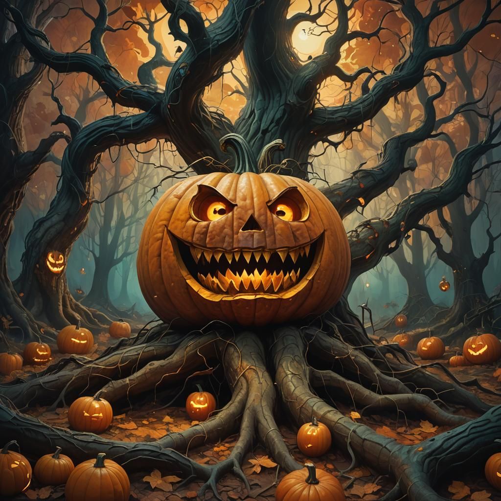 Pumpkin Creature in Mystical Forest: Surreal Oil Painting