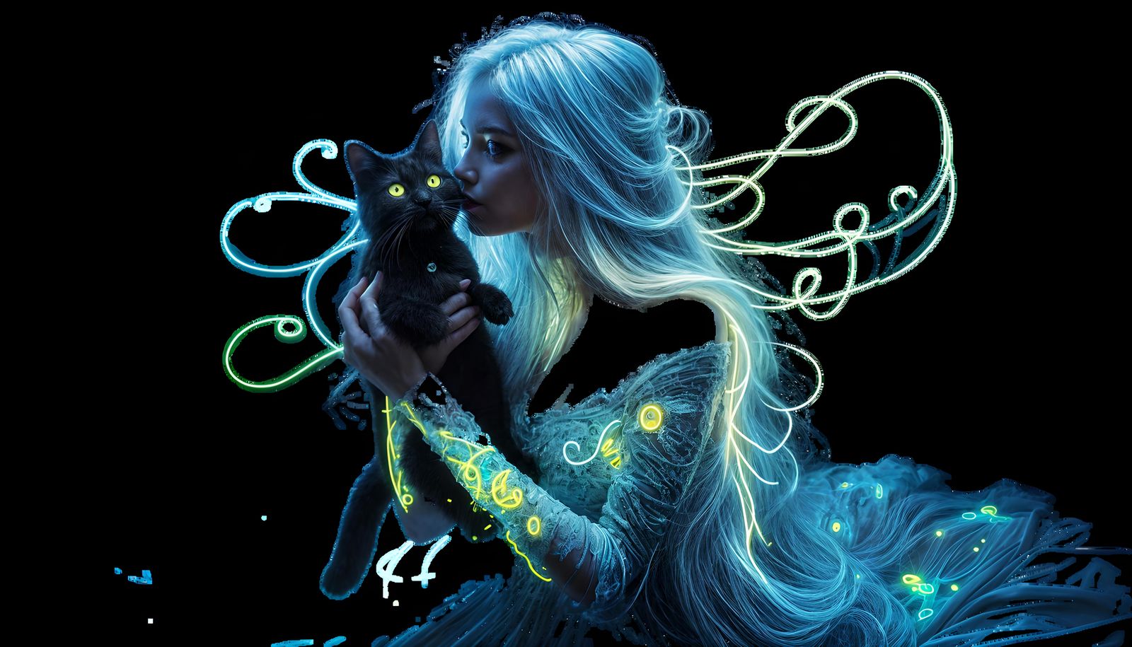 Woman Kissing Cat with Neon Accents