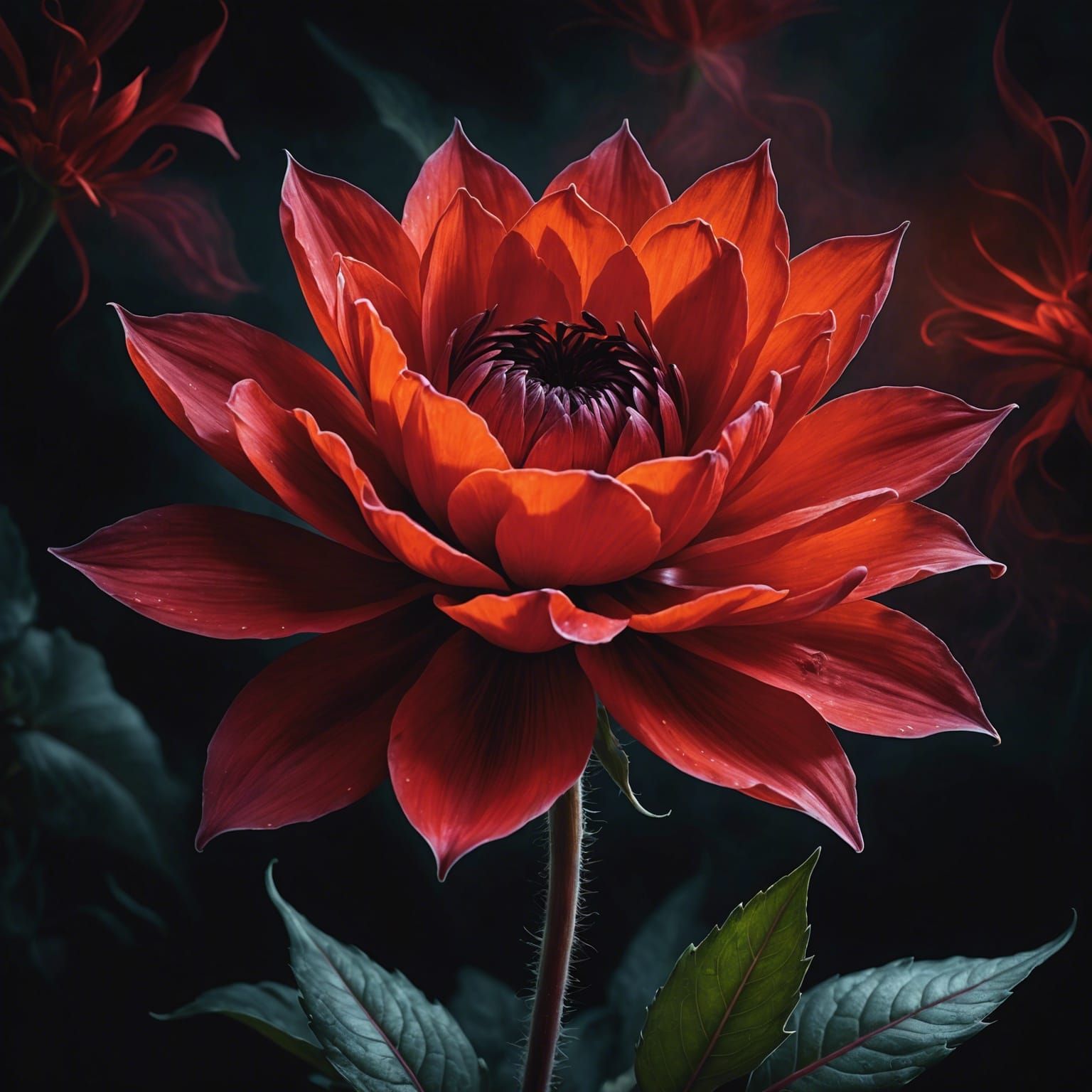 Luminous Red Flower in Flight: Dramatic Digital Painting