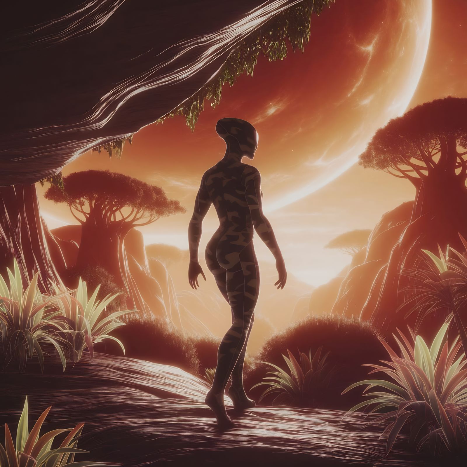 Alien Warrior Overlooking Bioluminescent Jungle in Digital A...