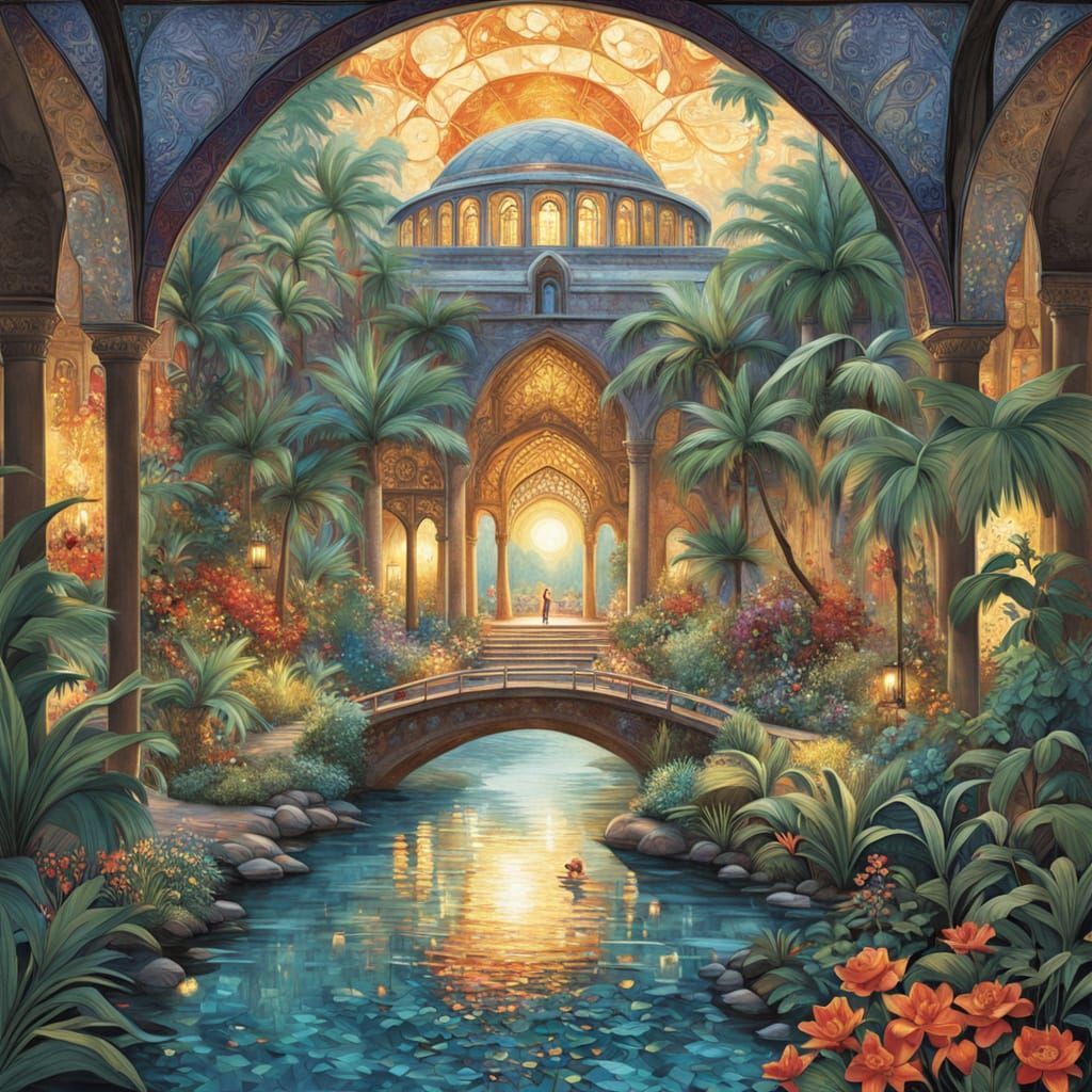 Futuristic Oasis in Metropolis, Vintage Travel Poster Art