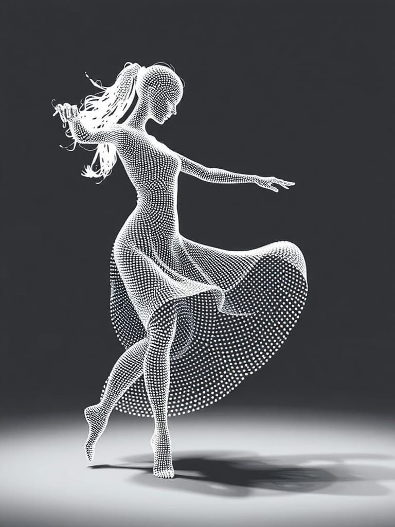 Dancing Woman Made of Dots in Digital Surrealism