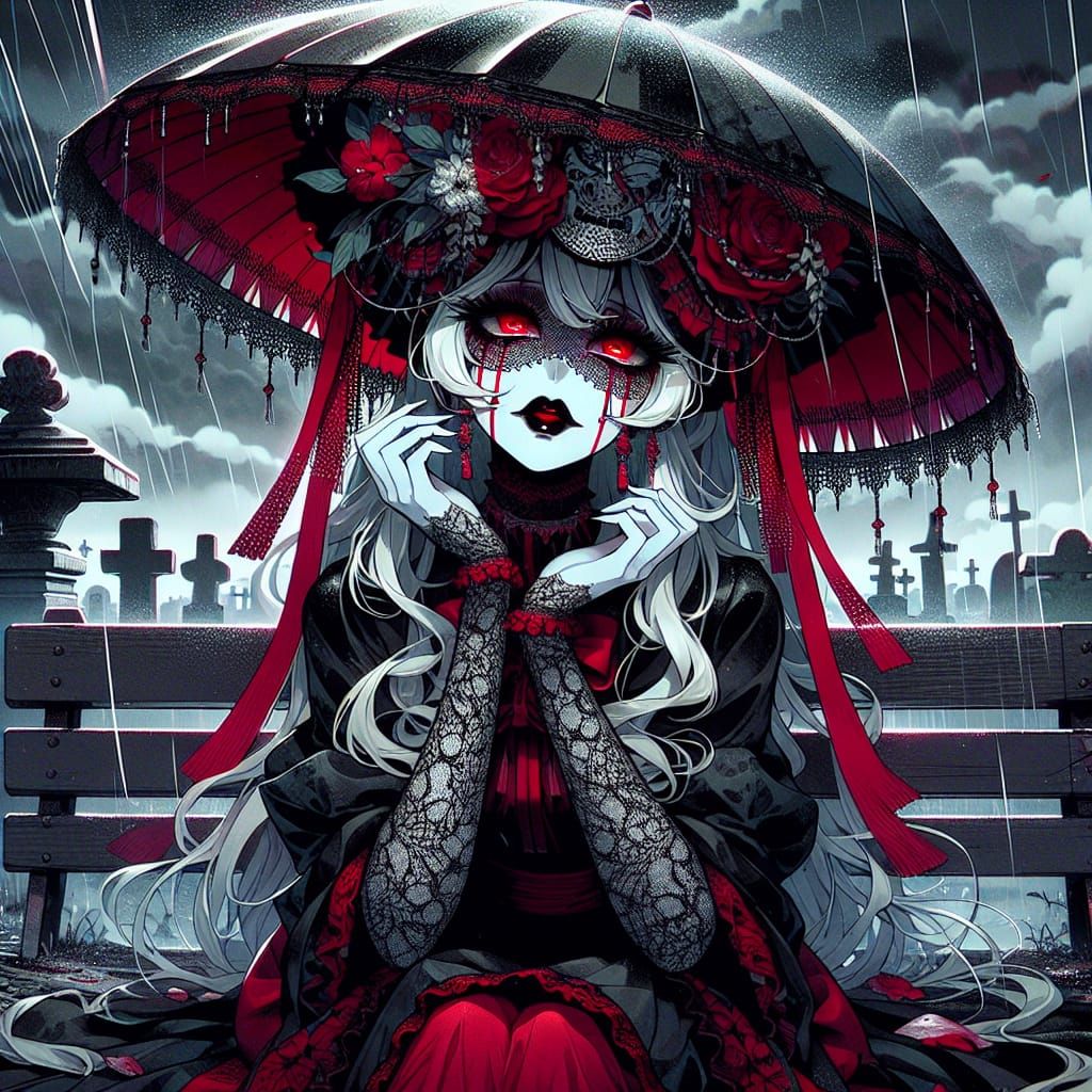 Ethereal Gothic Woman in Graveyard, Anime Style