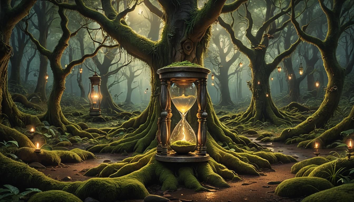 Hourglass in Enchanted Forest at Dusk