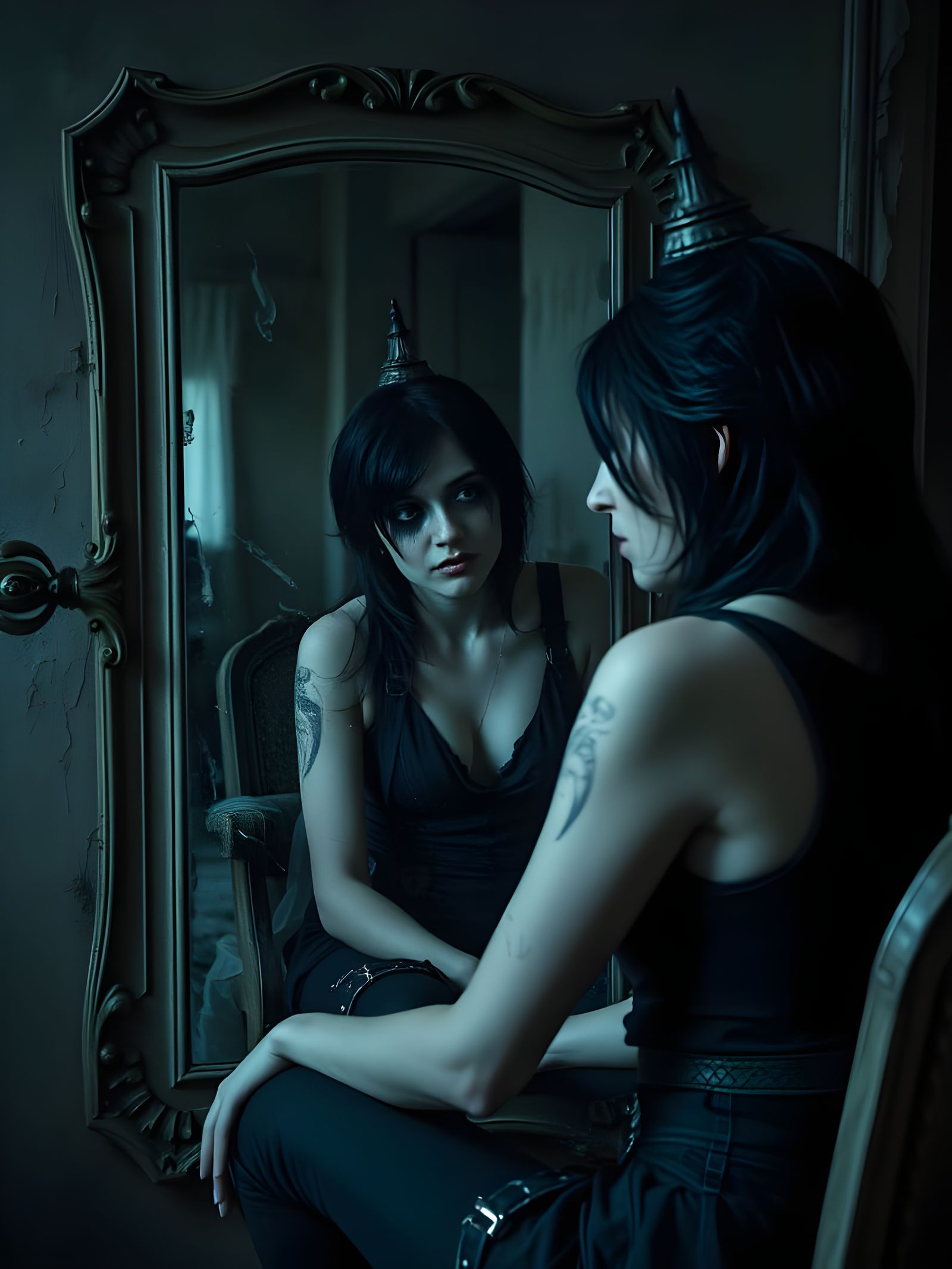 Sad Woman and Mirror Doppelganger: Photorealistic 8K