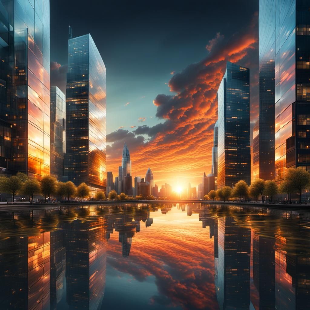 Glass City Sunset Reflected in River: Digital Painting