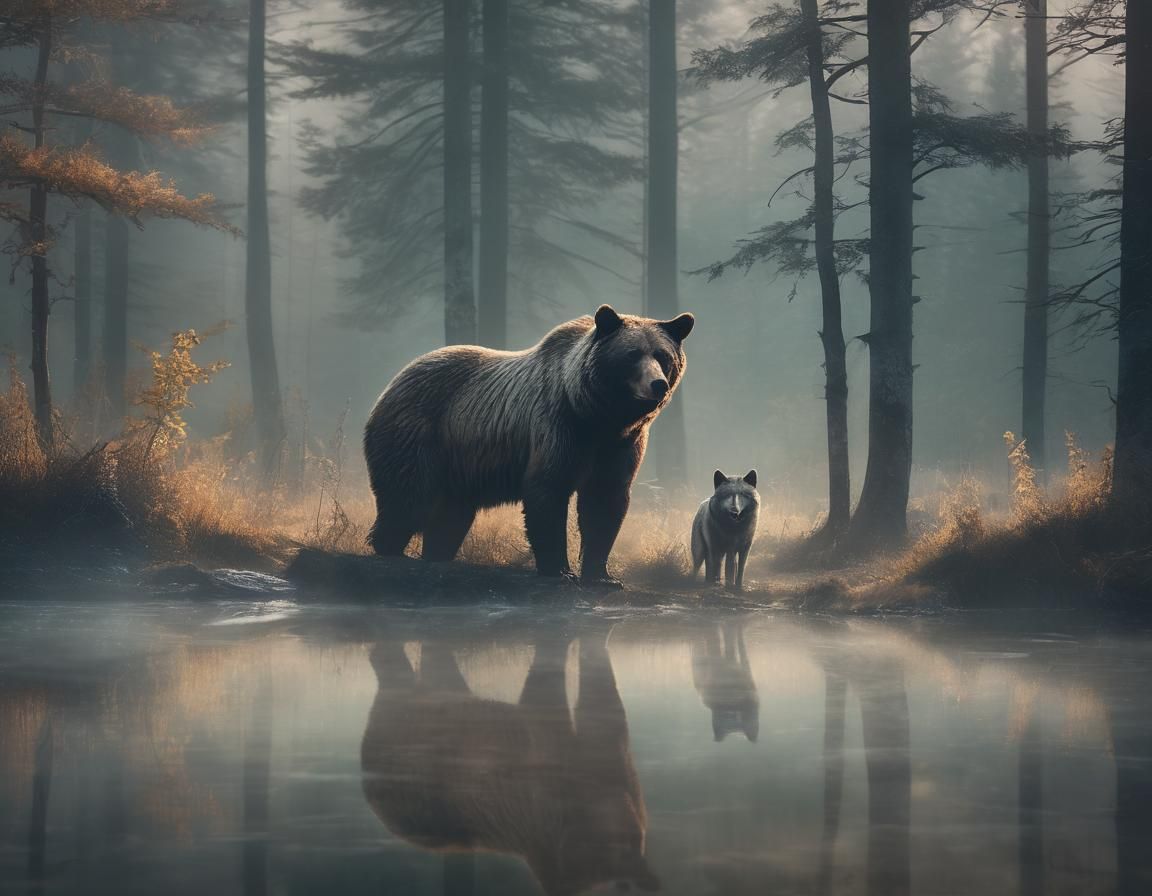Dreamlike Wildlife: Bear and Wolf in Mist