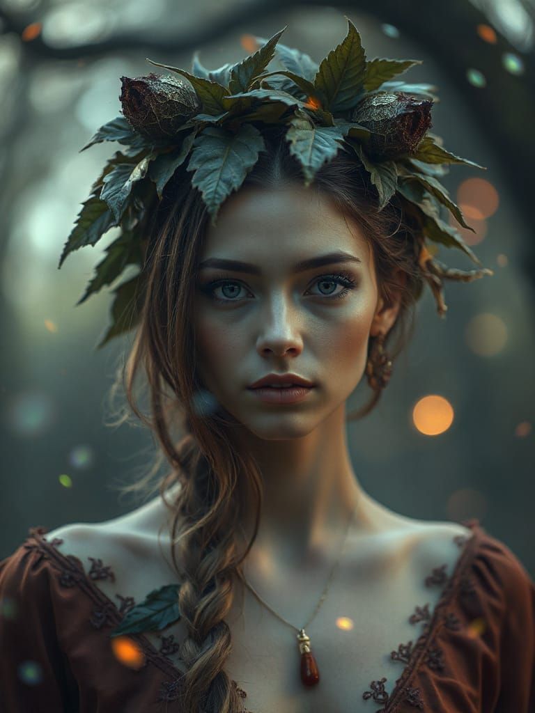 Fantasy Figure with Leaf Crown in Hyperrealistic Style