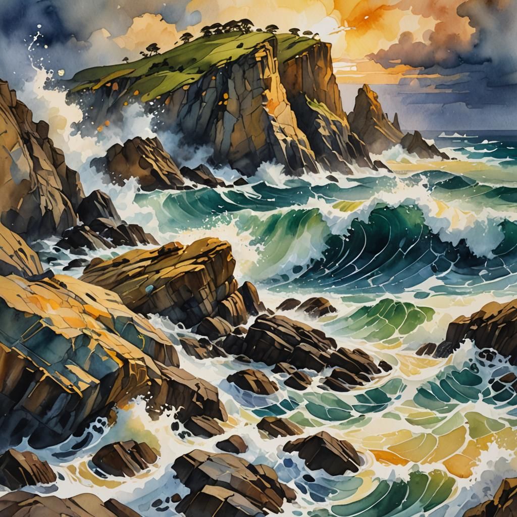 Expressionist Seascape in Watercolour and Gouache