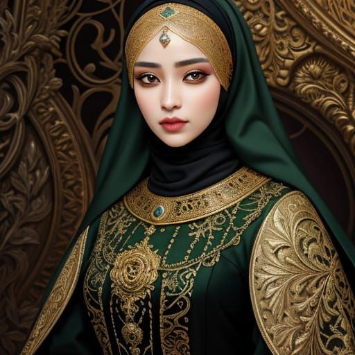 Baroque-Punk Woman with Hijab in Oil Painting Style