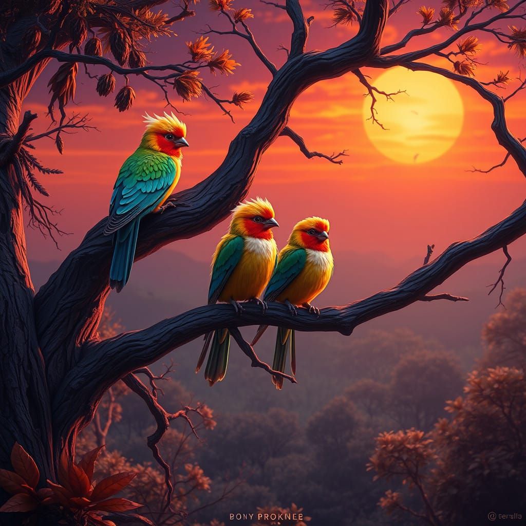 Vibrant Chicks in a Whimsical Sunset Forest