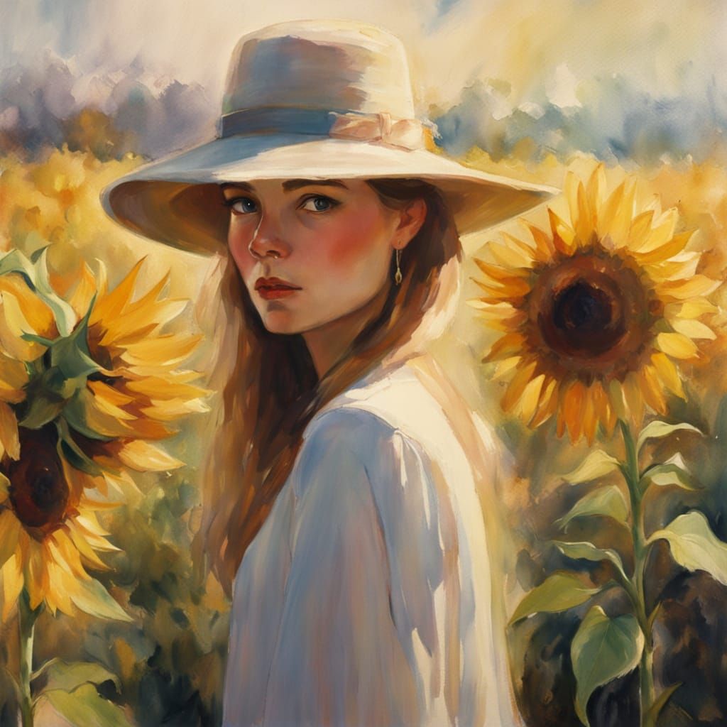 Ethereal Watercolour Painting of a Woman Among Sunflowers