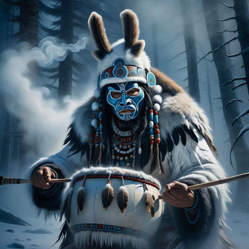 Inuit shaman wearing ritual mask