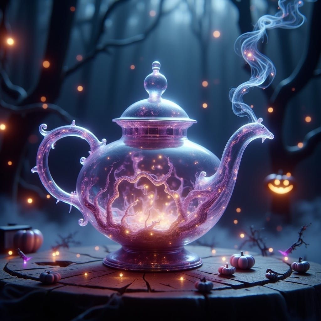 Eerie Teapot Releases Lanterns in Mystical Forest